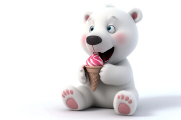 Cute cartoon little polar bear with ice cream on white background with copy space.