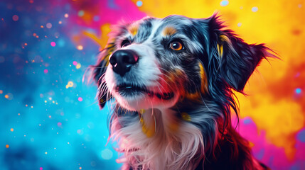 dog with ball,smart and beautiful dog on a colored background, multi-colored background,