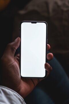 Mockup image of a man's hand holding smartphone with white screen.