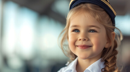 Portrait of a cute little girl dressed in a flight attendant's uniform.