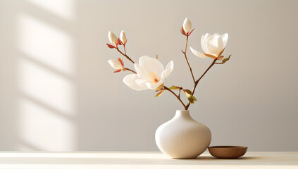 White flowers in a vase on a table ,  style Chinese , Japanese  , sunshine