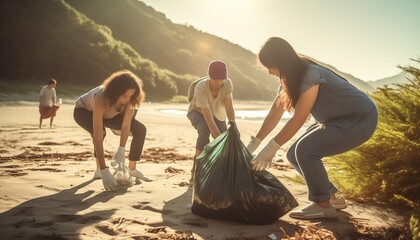 friends at the beach picking up trash - obrazy, fototapety, plakaty