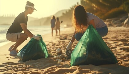 friends at the beach picking up trash