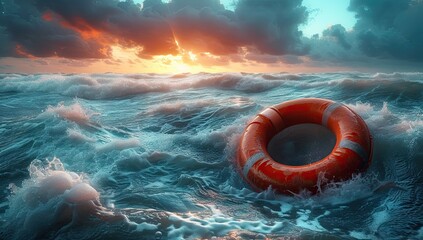 Saving buoy floating in blue sea symbolizing rescue and protection. It emphasizes concept of safety help and survival in dangerous water situations. Life ring is surrounded by waves - obrazy, fototapety, plakaty