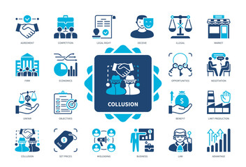 Collusion icon set. Legal Right, Opportunities, Misleading, Set Prices, Competition, Limit Production, Economics, Agreement. Duotone color solid icons