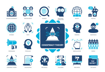 Conspiracy Theory icon set. Shadow Government, Evidence, Propaganda, Prejudices, Paranoia, Falsification, Relatives, Society, Politics. Duotone color solid icons