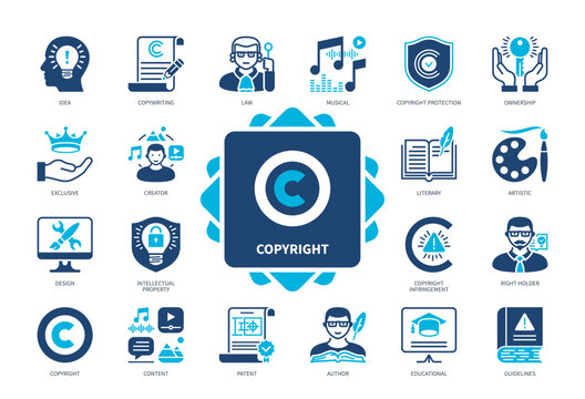Copyright icon set. Idea, Author, Patent, Ownership, Copyright Protection, Content, Exclusive, Guidelines. Duotone color solid icons