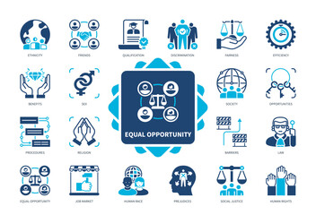Equal Opportunity icon set. Ethnicity, Human Rights, Discrimination, Sex, Human Race, Social Justice, Fairness, Opportunities. Duotone color solid icons