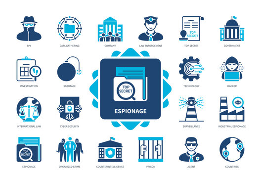 Espionage icon set. Top Secret, Investigation, Agent, Data Gathering, Counterintelligence, Hacker, Spy, Organized Crime. Duotone color solid icons