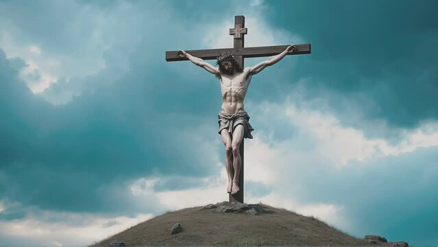  Jesus Christ crucified on a Golgota hill as a symbol of Good Friday, Holy Friday, Great Friday, and Easter celebration