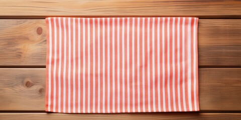 Table with striped towel, copy space, tablecloth mockup, dishcloth mockup on wood background, top view.