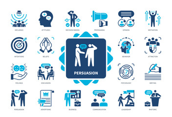 Persuasion icon set. Influence, Decision Making, Propaganda, Beliefs, Opinion, Attraction, Advertising, Rhetoric, Attitudes. Duotone color solid icons