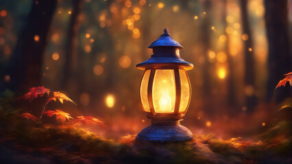 A lantern glowing with light kept in a forest. - obrazy, fototapety, plakaty