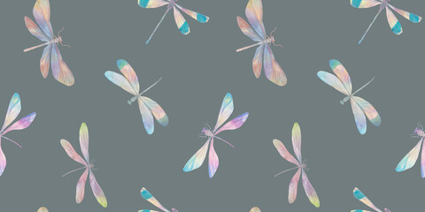 Watercolor drawing of dragonfly, colorful wallpaper with insects on gray and green background