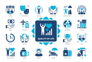 Quality of Life icon set. Society, Entertainment, Traveling, Quality Food, Environment, Family, Wealth, Happiness. Duotone color solid icons