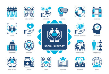 Social Support icon set. Nurturance, Social Network, Government, Financial Assistance, Psychotherapy, Coworkers, Society, Family. Duotone color solid icons