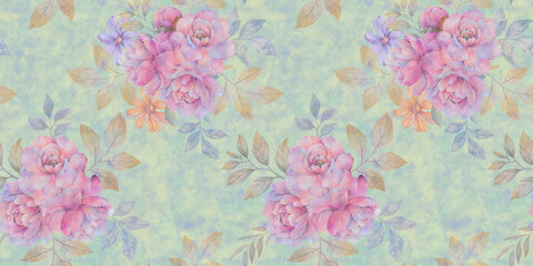 Fototapeta na wymiar Seamless floral watercolor pattern with garden pink peony flowers. Botanical tiles, background.