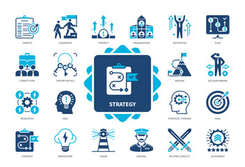 Strategy icon set. Targets, Leadership, Plan, Strategic Thinking, General, Achievement, Opportunities, Idea. Duotone color solid icons