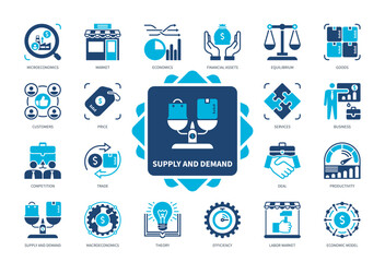 Supply and Demand icon set. Market, Customers, Price, Financial Assets, Economics, Competition, Trade, Goods. Duotone color solid icons