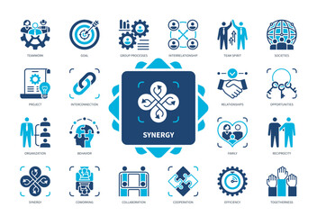 Synergy icon set. Opportunities, Project, Coworking, Interconnection, Cooperation, Collaboration, Efficiency, Team. Duotone color solid icons