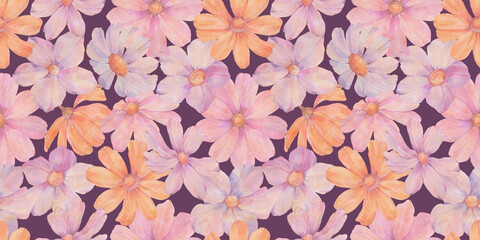 Botanical pattern of delicate flowers. Seamless design. Colorful abstract bouquet of flowers on a purple background.