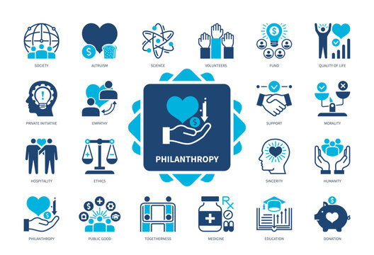 Philanthropy icon set. Altruism, Quality of Life, Sincerity, Empathy, Ethics, Hospitality, Public Good, Donation. Duotone color solid icons