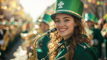 Energetic marching band in green uniforms. St. Patrick's Day parade with a lively performance. Instruments gleaming in the sunlight, festively decorated street. AI Generated