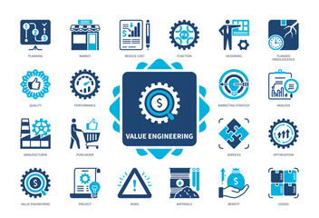Value Engineering icon set. Planned Obsolescence, Performance, Reduce Cost, Materials, Manufacturer, Purchaser, Function, Quality, Optimization. Duotone color solid icons