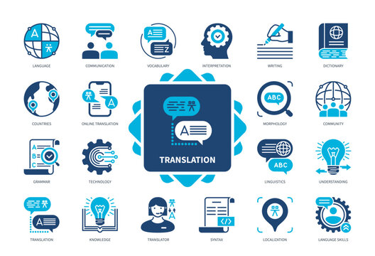 Translation icon set. Language Skills, Localization, Communication, Online Translation, Interpretation, Knowledge, Grammar, Dictionary. Duotone color solid icons