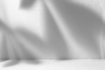 Abstract white studio background for product presentation. with shadows of leaves on the wall with a blurred background