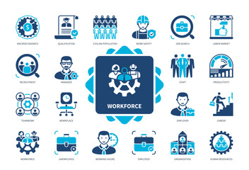 Workforce icon set. Human Resources, Qualification, Unemployed, Recruitment, Career, Management, Job Search, Labor Market. Duotone color solid icons