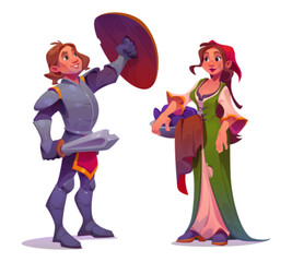 Naklejka premium People character of medieval age - young peasant woman with clothes in pelvis and brave knight man in metal armor with shield and sword in hands. Cartoon vector illustration set of ancient person.