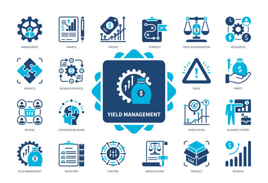 Yield Management icon set. Resources, Prising Strategy, Business Theory, Behaviour, Product, Buyers, Finance, Price Discrimination, Revenue. Duotone color solid icons