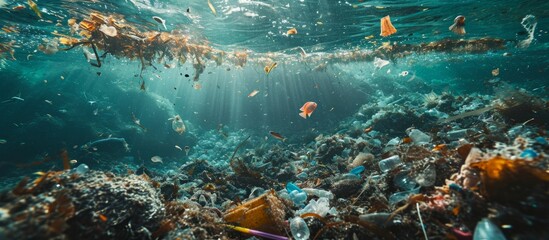Environmental issue of plastic pollution in the ocean with debris and garbage impacting marine life.
