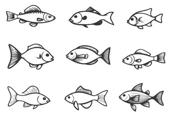 Cute fish icons set in outline style. Line art vector
