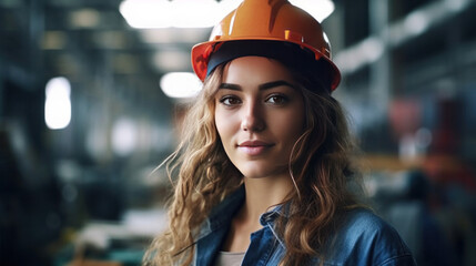 A portrait of young beautiful engineer woman working in factory building.
