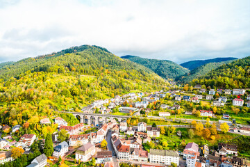View of the town of Hornberg in the Black Forest. City in Baden-Württemberg with the surrounding green nature with forests and mountains.
