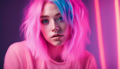 Obraz premium Portrait girl with pink hair on blue gradient neon light in the studio