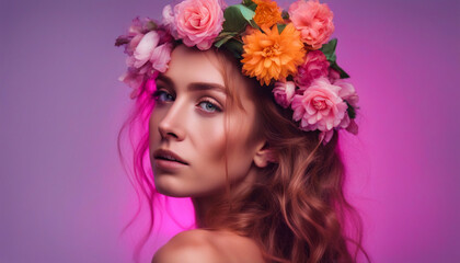 Fototapeta premium Portrait of female with flowers in her hair on gradient yellow neon light in the studio