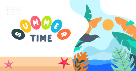 Welcome summer. banner and poster template design Illustration welcoming summer with a view of flowing beach water and starfish. Hello Summer. File EPS 10. This is not generative AI