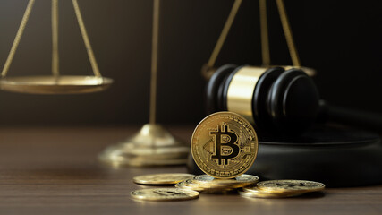 Bitcoin Crypto Regulation And Law. Cryptocurrency laws. Bitcoins and a wooden gavel with a golden...