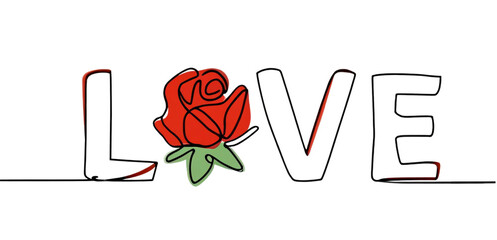 Continuous one line drawing of text "Love" with rose flower and a red heart. Tranpsarent background.