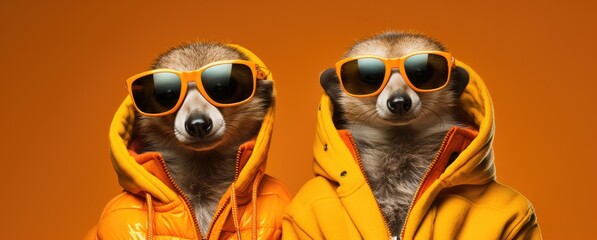 Quirky and cute meerkats donning yellow hoodies bring a smile to anyone's face. - obrazy, fototapety, plakaty