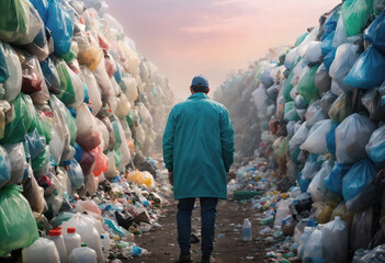 Un homme qui marche au milieu d'une décharge de sacs plastiques poubelle - generative AI - 725339399