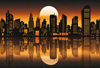 a silhouette of a cityscape with warm colors and lights at dusk