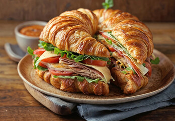 Flaky croissant with a delectable combination of meat, cheese, lettuce, and tomato - obrazy, fototapety, plakaty