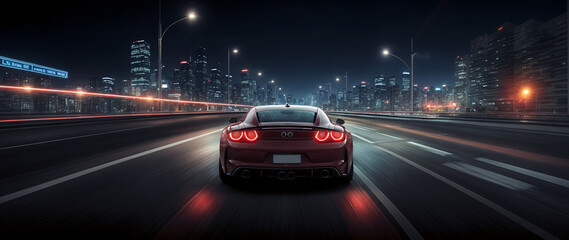 Fototapeta premium Back view of a high-performance sports car racing through the streets at night in a gameplay scene