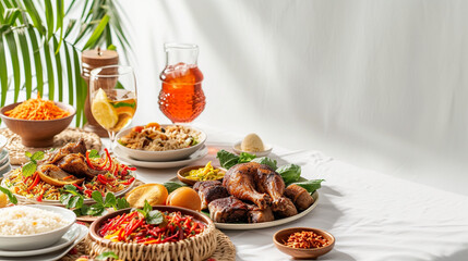 side view of food and drink and table with white background theme ramadhan copy space