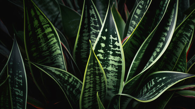 Photograph hyper-realistic images capturing abstract patterns created by Snake Plant leaves in unique and creative compositions. Frame the scenes to emphasize the artistic and organic nature