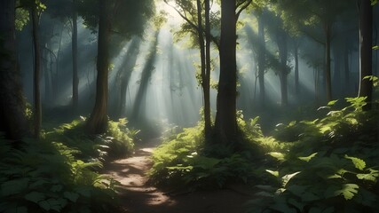 Sunlight streaming through dense forest foliage creating a magical play of shadows